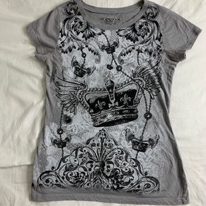Gray Shirt with Black Designs & Bling Bling. Comfy & Almost New!